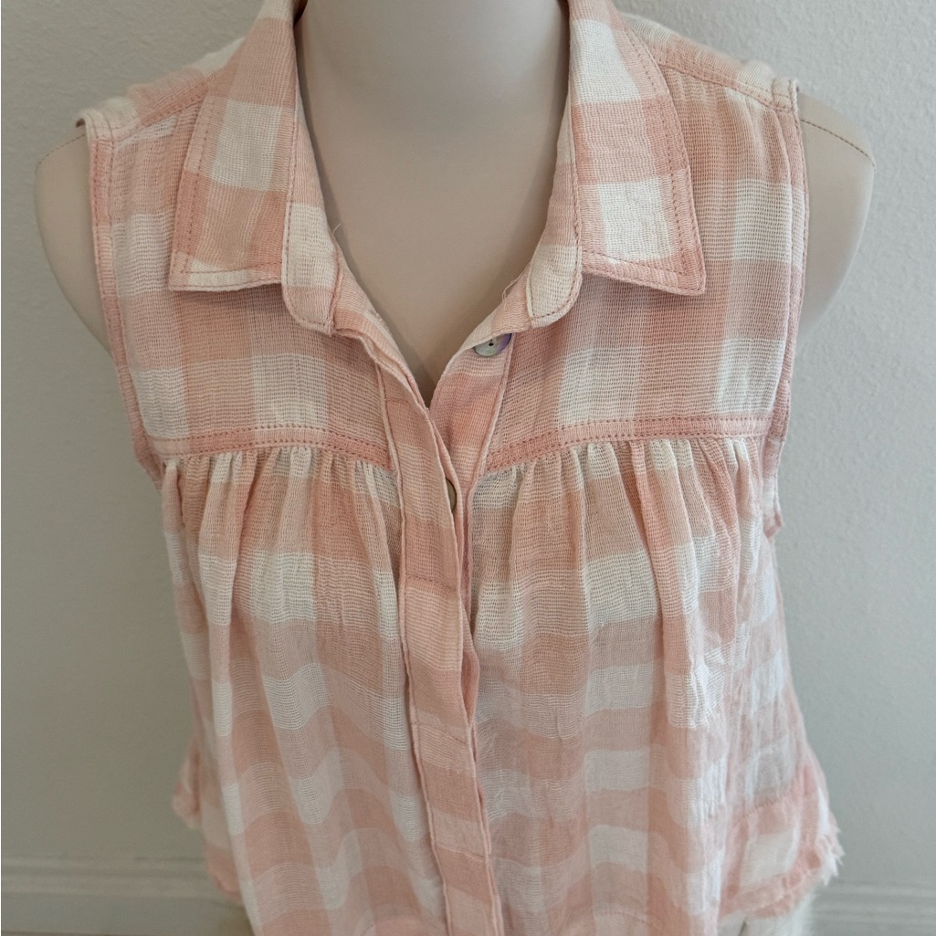 Free People Women’s Plaid Frayed Sleeveless Blouse,Pink, Size Small